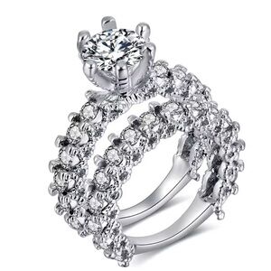 Silver Crystal Engagement Ring Set – Elegant Double Band Bridal 
Small size